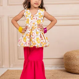 Jilmil Girls Floral Printed V-Neck Peplum Chinon Anarkali Kurti With Sharara-image-26