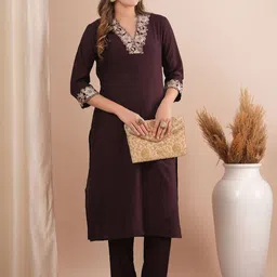FASHOR Floral Embroidered Sequinned & Zari V-Neck Tunic With Trousers-21