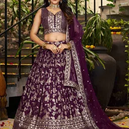 ETHNIC PLUS Embroidered Sequinned Semi-Stitched Lehenga & Unstitched Blouse With Dupatta-51