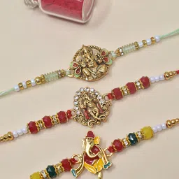 MEIRA JEWELLERY Set Of 3 Ganesha Rakhis With Greeting Card & Roli Chawal-17