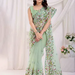 Peachmode Women Floral Embroidered Net Saree-image-67