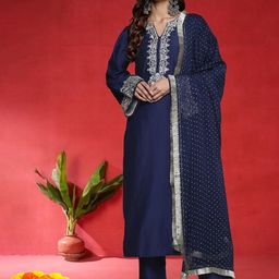 Varanga Women Ethnic Motifs Embroidered Regular Thread Work Kurta with Trousers & Dupatta-picture-28
