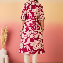 Sangria Maroon Floral Printed Mandarin Collar Roll-Up Sleeves Pure Cotton A-line Kurta-image-65