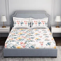 SPACES White & Teal Floral 144 TC Queen Bedsheet with 2 Pillow Covers-image-48