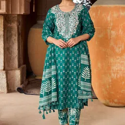 WOMEN PLUS Ethnic Motifs Printed Thread Work Pure Cotton Kurta with Trousers & Dupatta-37