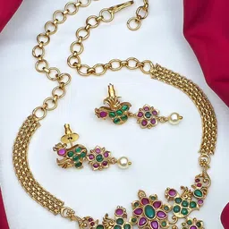 FIRST TOUCH Green & Pink Stones Gold-Plated Floral Necklace and Earring Set-image-18