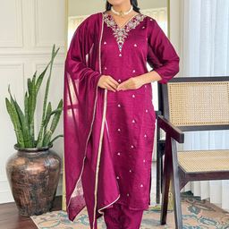 NIZA FASHION Women Ethnic Motifs Embroidered Pure Silk Kurta with Trousers & Dupatta-image-37