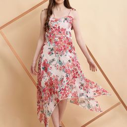 Absorbing Floral Printed Shoulder Straps Georgette A-Line Midi Dress-image-74