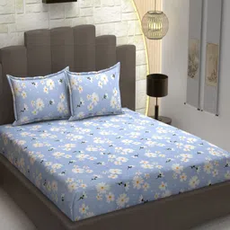AaHo Decor Blue & White Floral 300 TC Double King Fitted Bedsheet with 2 Pillow Covers-picture-4