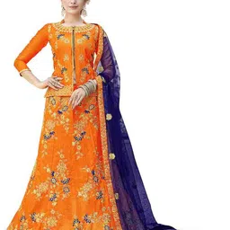 MANVAA Orange & Blue Embroidered Thread Work Semi-Stitched Lehenga & Unstitched Blouse With Dupatta-12