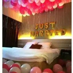 Solid DECORATION JUST MARRIED FOIL METALLIC BALLOON (RED , PINK , WHITE) SILVER RIBBON Balloon-14