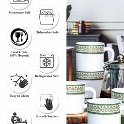 Cello 6 Pieces White & Green Printed Opalware Solitaire Glossy Coffee Mugs 180 ml Each image 3