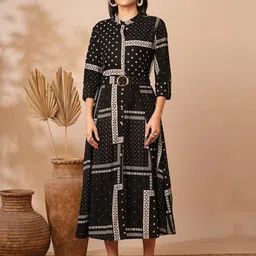 FASHOR Ethnic Motifs Printed Mandarin Collar Roll-Up Sleeves Shirt Midi Dress-image-72