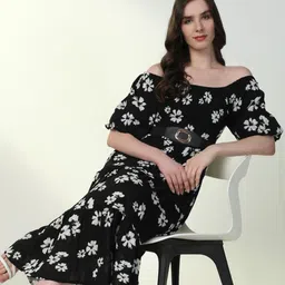 SHOWOFF Women Floral Printed Off-Shoulder Puff Sleeve Fit & Flare Midi Dress-image-90