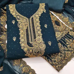 HERE&NOW Floral Embroidered Beads and Stones Georgette Unstitched Dress Material-image-59