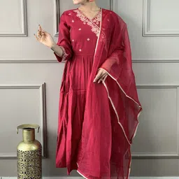 Anouk Women Floral Embroidered Angrakha Kurti with Trousers & With Dupatta-image-47
