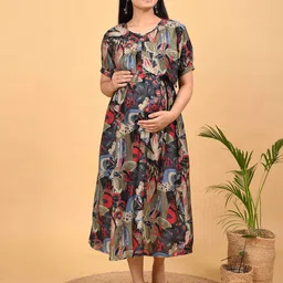 Goldstroms Women Floral Print Round Neck Maternity Fit and Flare Dress-image-65