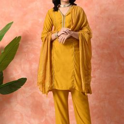Sangria V-Neck Three-Quarter Sleeves Straight Kurta T& rousers With Dupatta-image-87