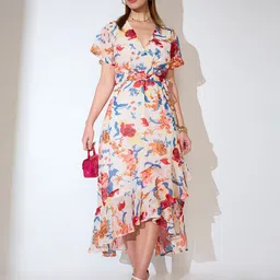 Globus Floral Wrap Neck Flared Sleeves Waist Tie-Up Ruffle Tulip Hem A-line Midi Dress-image-64
