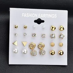 PolluxCraft Set of 12 Gold-Plated Stones Studded And Beaded Circular Korean Studs-10