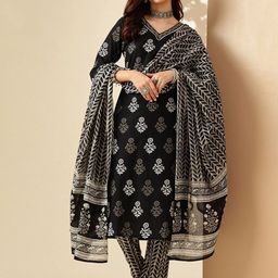 Jaipur Kurti Floral Printed V-Neck Pure Cotton Straight Kurta With Trousers & Dupatta-picture-38