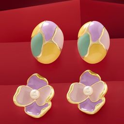 Zaveri Pearls Set Of 2 Gold-Plated Pearls Beaded Enamelled Contemporary Studs-4
