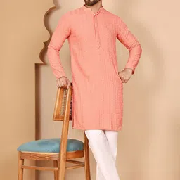Anouk Rustic Self Design Embroidered Mandarin Collar Sequinned Kurta With Pyjamas-10
