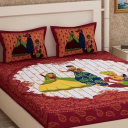 Aura Red & Yellow Ethnic Motifs Printed 144 TC Cotton Queen Bedsheet Set 2.10 m x 2.30 m-image-81