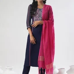 Tulsattva Ethnic Motifs Embroidered Thread Work Round Neck Kurta With Trousers & Dupatta-picture-6