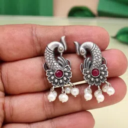 PREYANS Women Pink Stones and Beads Peacock Shaped Oxidised Ethnic Studs Earrings-image-46
