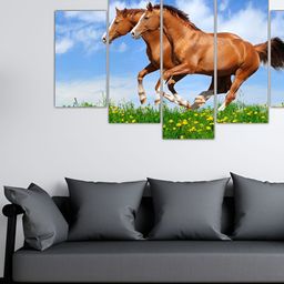 Inephos Brown And Blue 5 Pieces Canvas Horses Running Vastu Wall Art-picture-7
