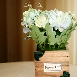 Cortina White And Green Rose Artificial Flower With Wooden Pot-34