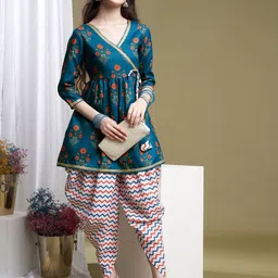 CurlyTales Girls Floral Printed Angrakha A-Line Kurta With Dhoti Pants-54