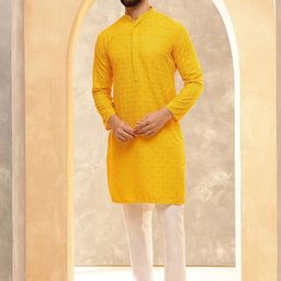 Anouk Mustard Mandarin Collar Geometric Embroidered Sequinned Pure Cotton Straight Kurta-picture-11