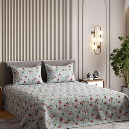 haus & kinder Blue & Green Floral 210 TC King Bedsheet with 2 Pillow Covers-image-82