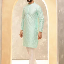 Anouk Sea Green Geometric Embroidered Mandarin Collar Straight Kurta With Pyjamas-10