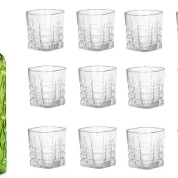 Bottle & 12 Glass Serving Lemon Set, Green, Clear, Glass - A274 Jug Bottle Glass Set-image-95