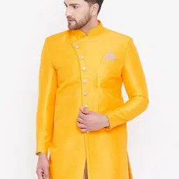 VM VM by Vastramay Men's Mustard Silk Blend Sherwani Only Top Self Design Sherwani-picture-38