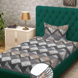 KLOTTHE Grey & White Printed 300 TC Single Fitted Bedsheet Set 2.25 m x 1.5 m-21