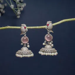 NAMAN ARTS Silver-Plated Artificial Stones Studded Dome Shaped Jhumkas-53
