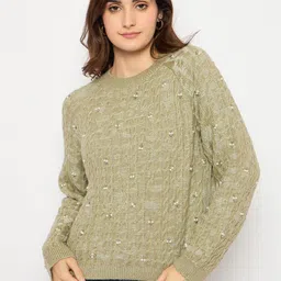 Madame Women Self Design Open Knit Embellished Pullover Sweaters-8