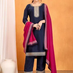 Sitanjali Women Ethnic Motifs Yoke Design Regular Thread Work Pure Silk Kurta with Trousers & With Dupatta-image-5