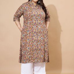 Vbuyz Plus Floral Printed Mandarin Collar A-Line Kurta-picture-2