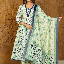 PARTHVI Women Floral Printed Regular Thread Work Kurta with Trousers & With Dupatta image 5