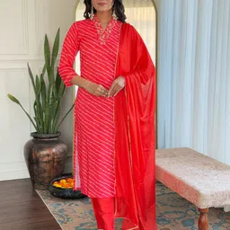 Growdamy Leheriya Printed Thread Work Kurta With Trouser And Dupatta-picture-0