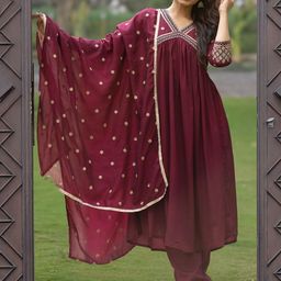 Navlik Floral Embroidered V Neck Empire A Line Kurta With Trousers & Dupatta-24