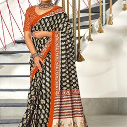 Suha Blue Pure Cotton Printed Block Print Sarees-picture-0