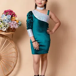 SPAMitude Girls Solid Embellished One Shoulder Velvet Bodycon Dress-image-87