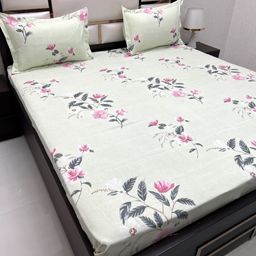 Pure Decor Green & Pink Floral Queen Bedsheet with 2 Pillow Covers-picture-1