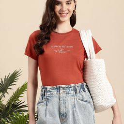 mast & harbour Women Typography Round Neck Pure Cotton Red T-Shirt-picture-18